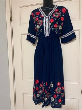 Navy Floral Embroidered Midi Dress - Boho Vibes